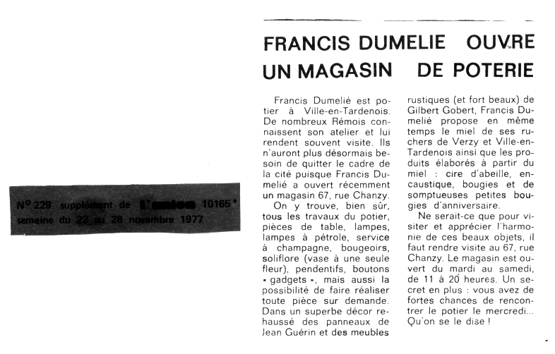 Francis Dumelie, Francis Dumelié, maitre artisan, service à champagne, poterie, poterie du fil de l'eau, photoémaillage, bateau d'argile et d'eau 